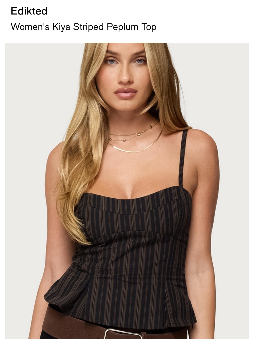 Edikted Black Top with Brown Pinstripes Kiya Peplum Camisole